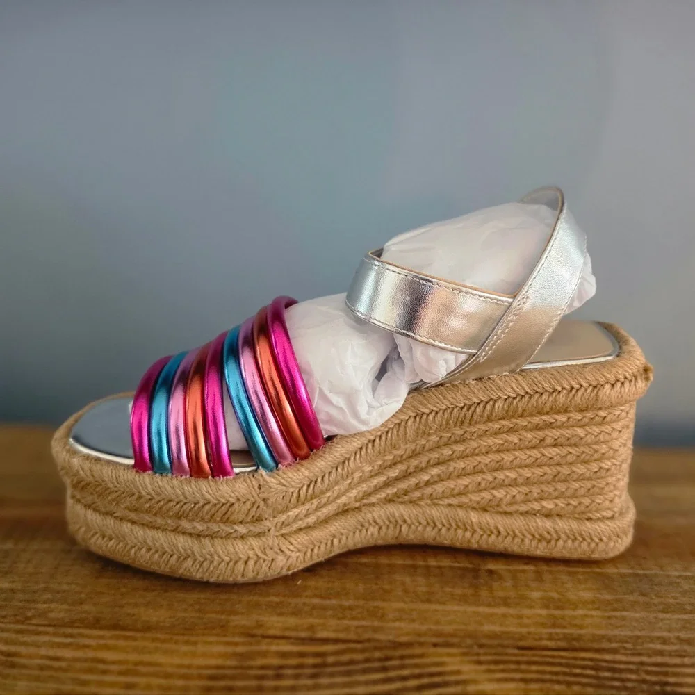 Kenneth Cole Womens Platform Wedge Sandals Silver Multi Metallic Espadrille 5.5M